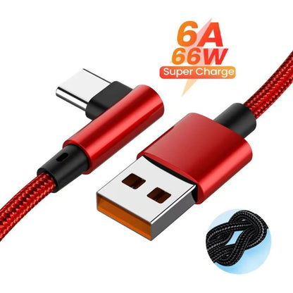 6A 66W USB C Fast Charging Cable 90° Right Angle for Iphone Xiaomi 14 Redmi Huawei OPPO Samsung Gaming Phones Nylon Braided Cord